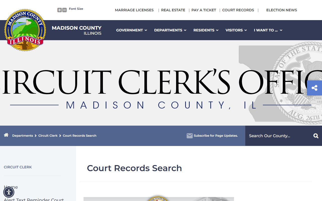 Madison County Circuit Clerk court records search page for court records after an arrest