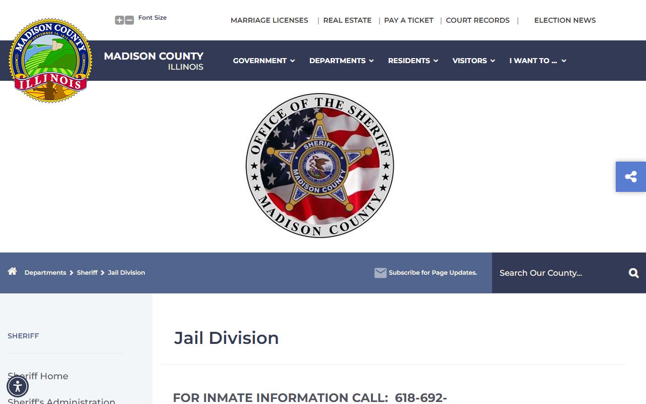 Madison County Jail Division page with the inmate information phone line for a Madison County inmate search