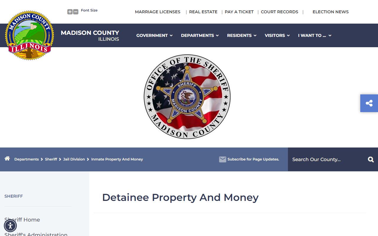 Madison County Jail property and money page with commissary and deposit rules