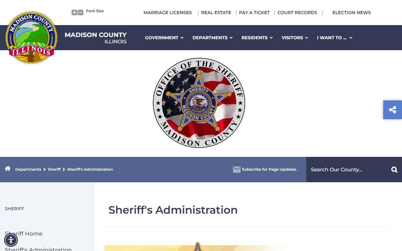 Madison County Sheriff administration page with jail administrator contacts for the Madison County Jail