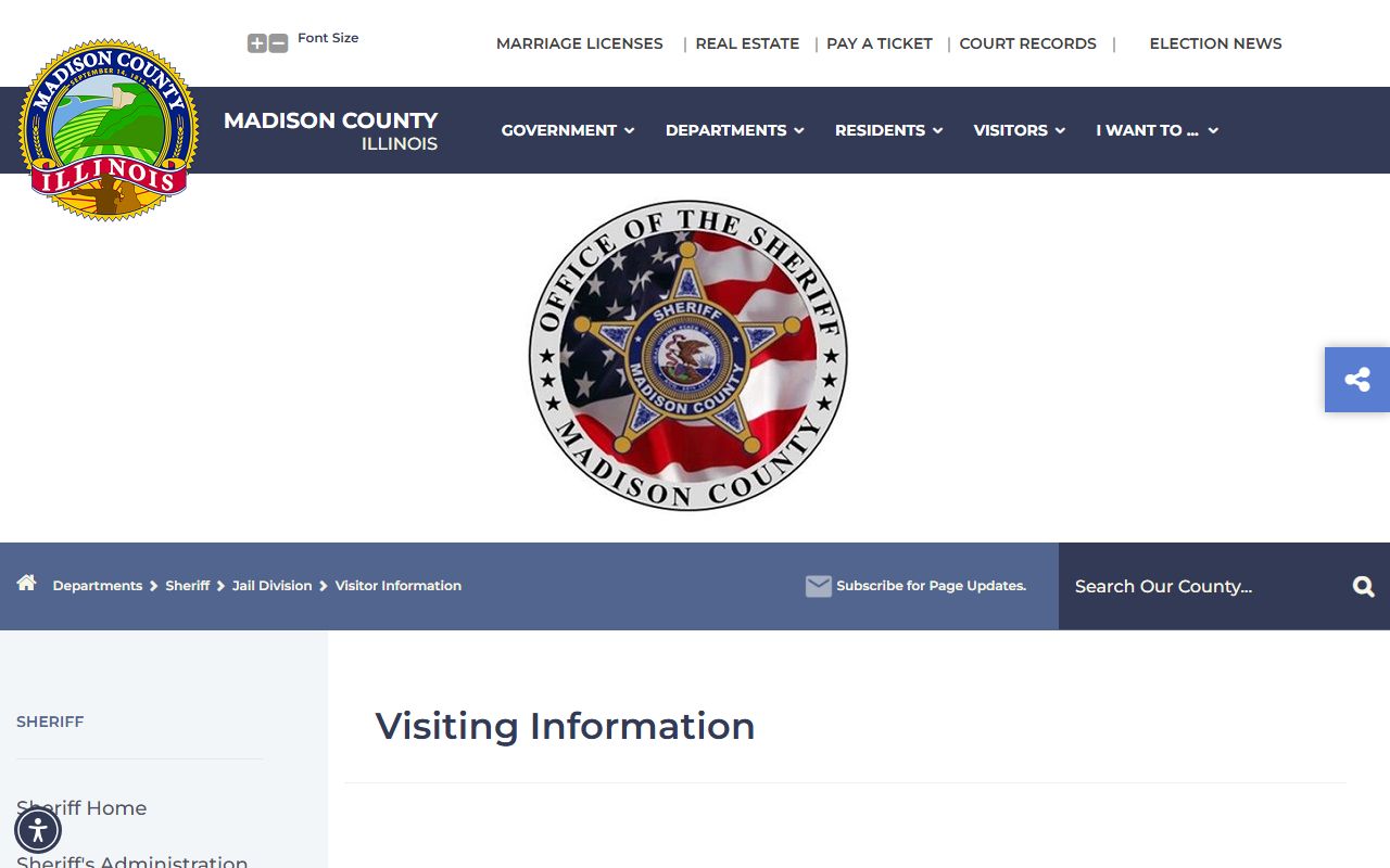 Madison County jail visitor information page with IC Solutions video visitation for inmate records